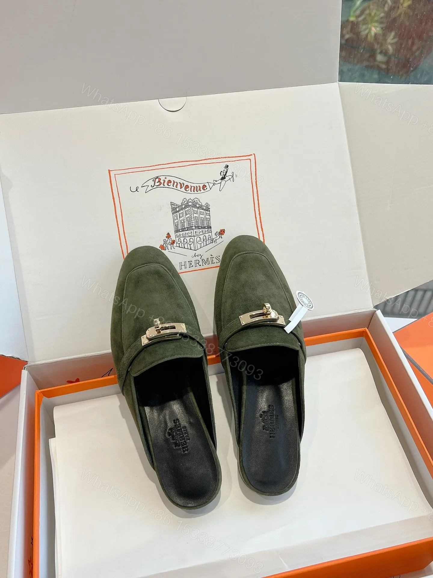 View 4 of Hermes Women Green Suede Mules