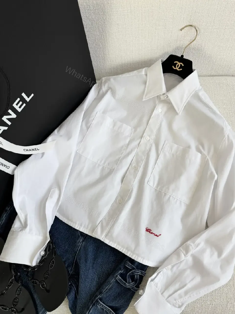 View 2 of White Cotton Shirt Cropped Style with Red Embroidered Chanel Lettering Shirt