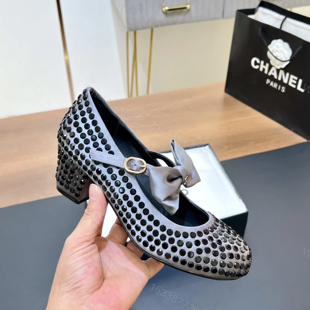 View 8 of 高仿Chanel*G45749A緞子水鑽圓頭單鞋深灰4.5CM免檢版