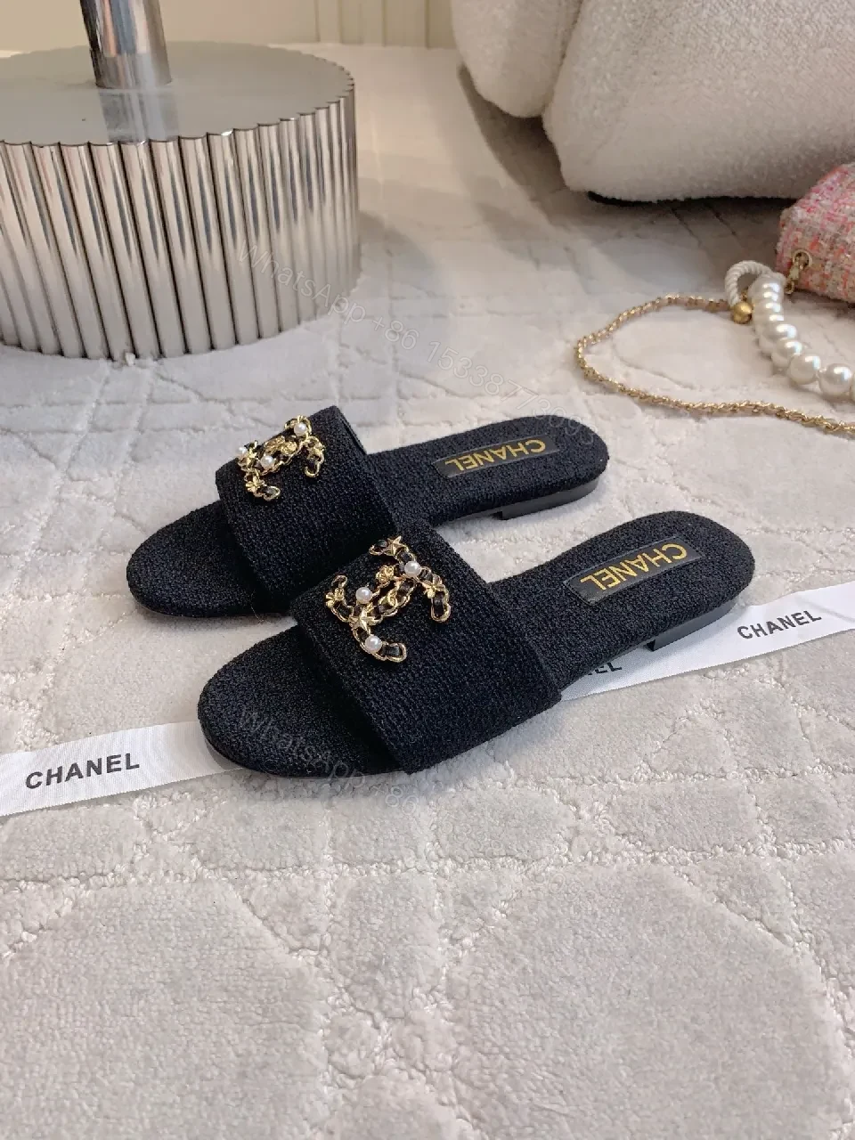 View 7 of Chanel-Inspired Textured Slider with Gold Chain Crest