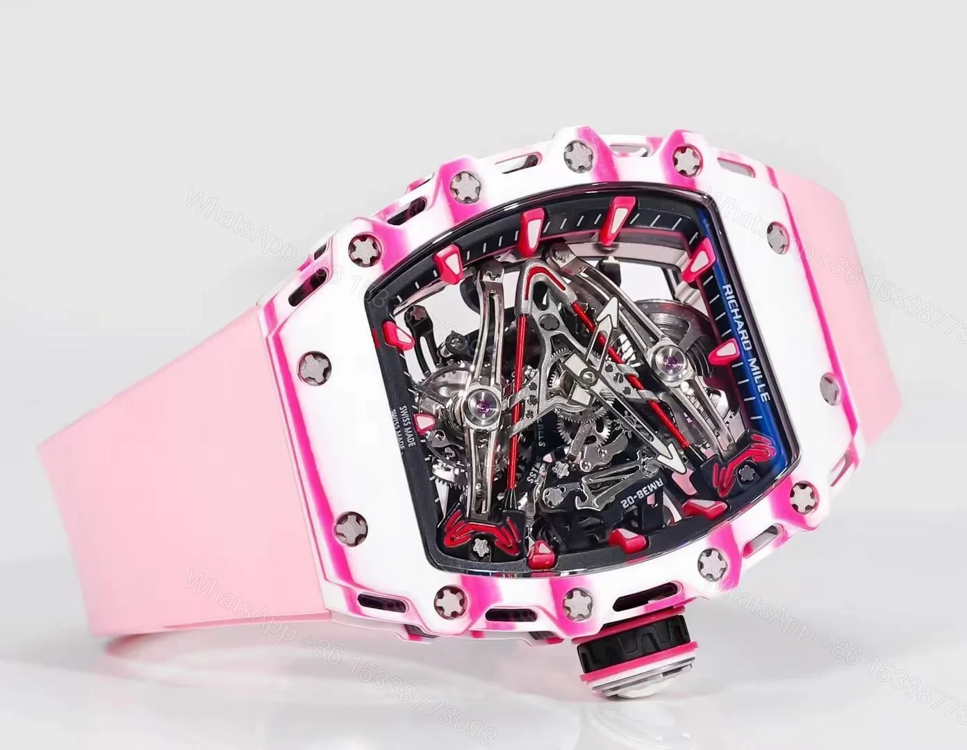View 2 of Richard Mille RM38-02 Tourbillon Bubba Watson Watch Pink Quartz Carbon Fiber Case Skeleton Dial Manual Winding Tourbillon 10000G Shock Resistant Golf Edition RM38-02-BW-PINK-QCF-GT
