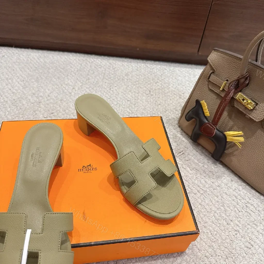 View 3 of Olive Green Leather H-Style Sandals Hermès Style Slide