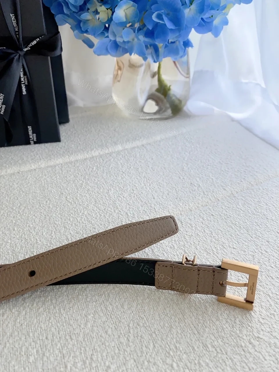 View 6 of Beige Leather Belt with Gold Hardware — Designer-Inspired Style
