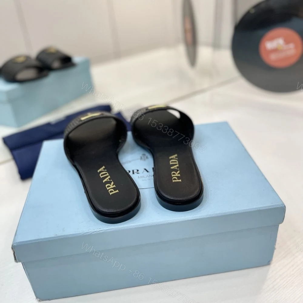 View 7 of Prada Leather Slides With Crochet Details Black