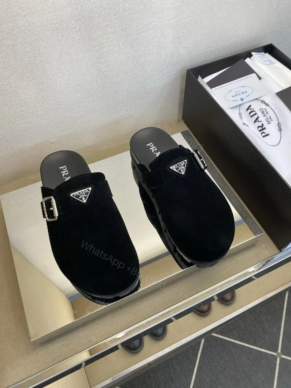 View 3 of Black Suede Prada Mule Slippers with Silver Buckle