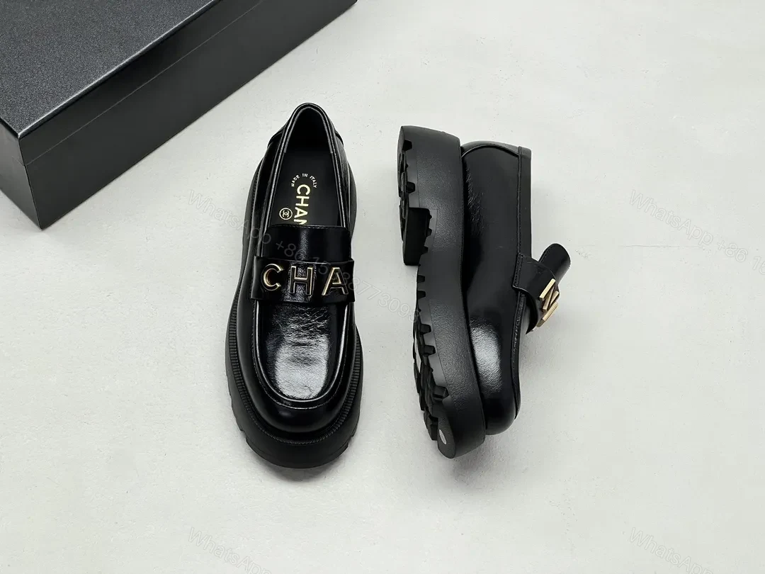 View 7 of Black Leather Chunky-Soled Loafers with Gold Monogram Band