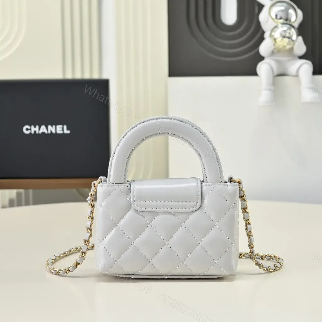 View 8 of Quilted Gray Luxe Mini Flap Bag - Gold Hardware