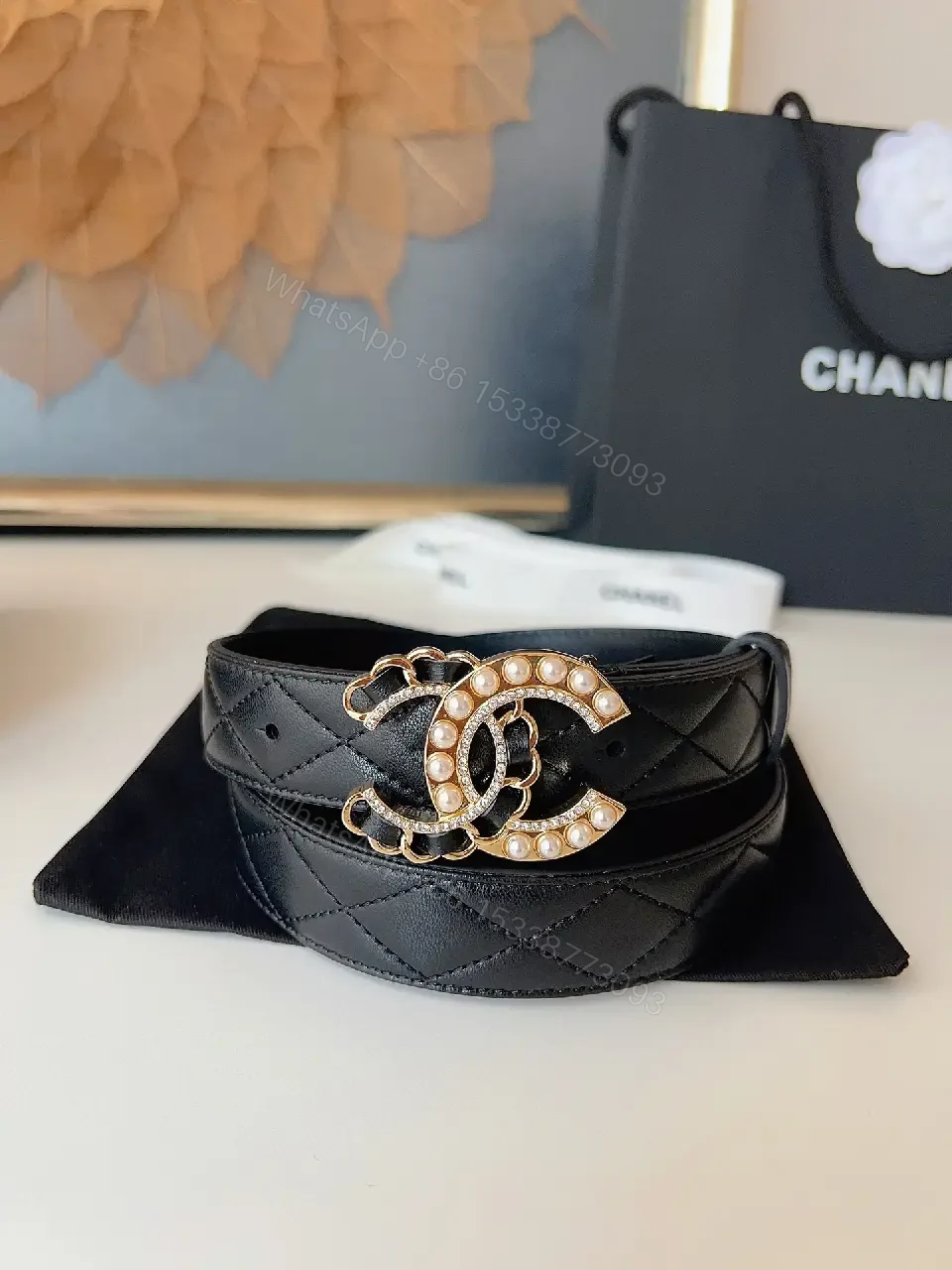 View 8 of Quilted Black Belt with Pearl Buckle - Lux Style Accessory
