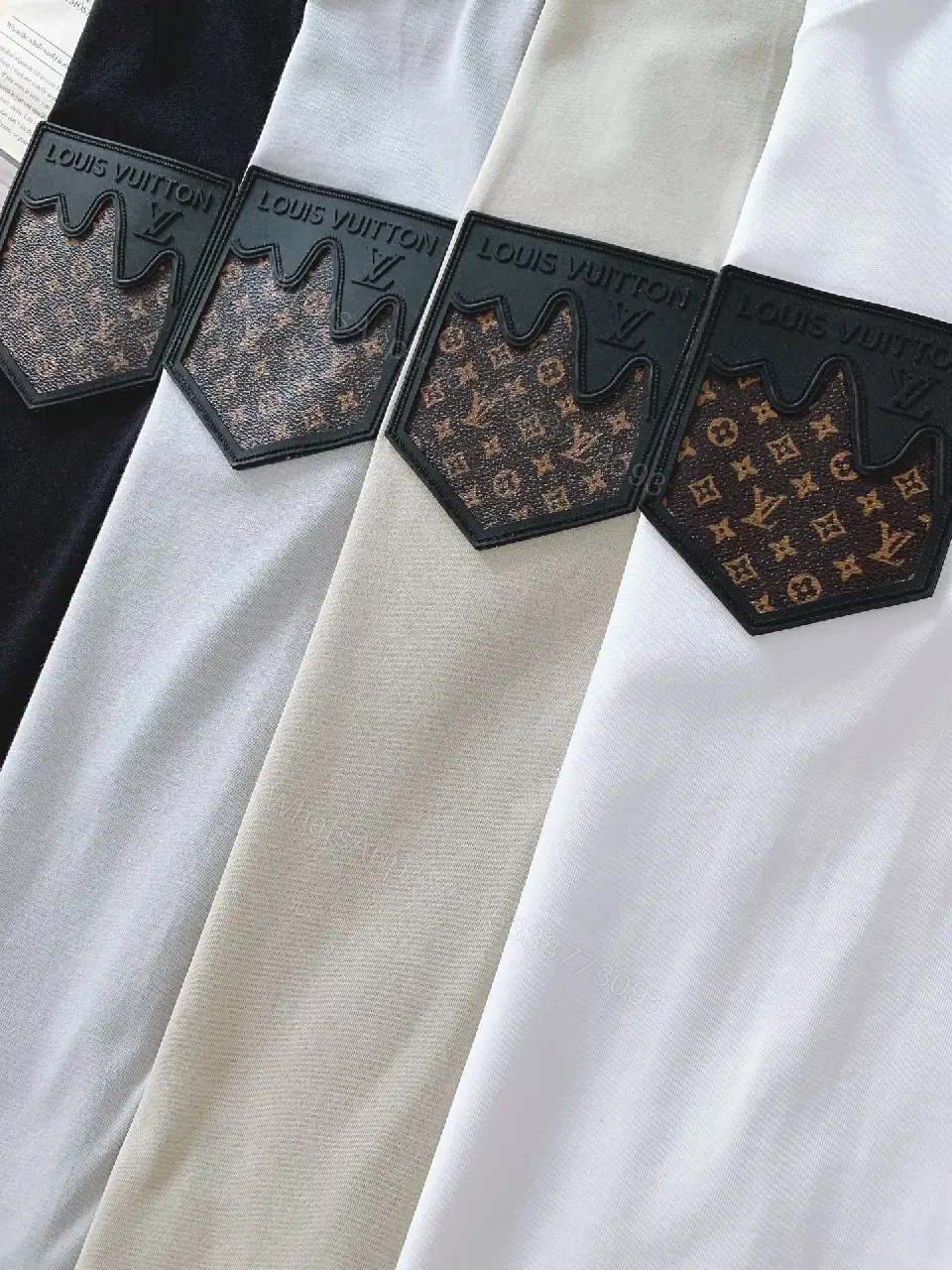 View 5 of Beige Cotton Tee with LV Monogram Pocket, Crew Neck