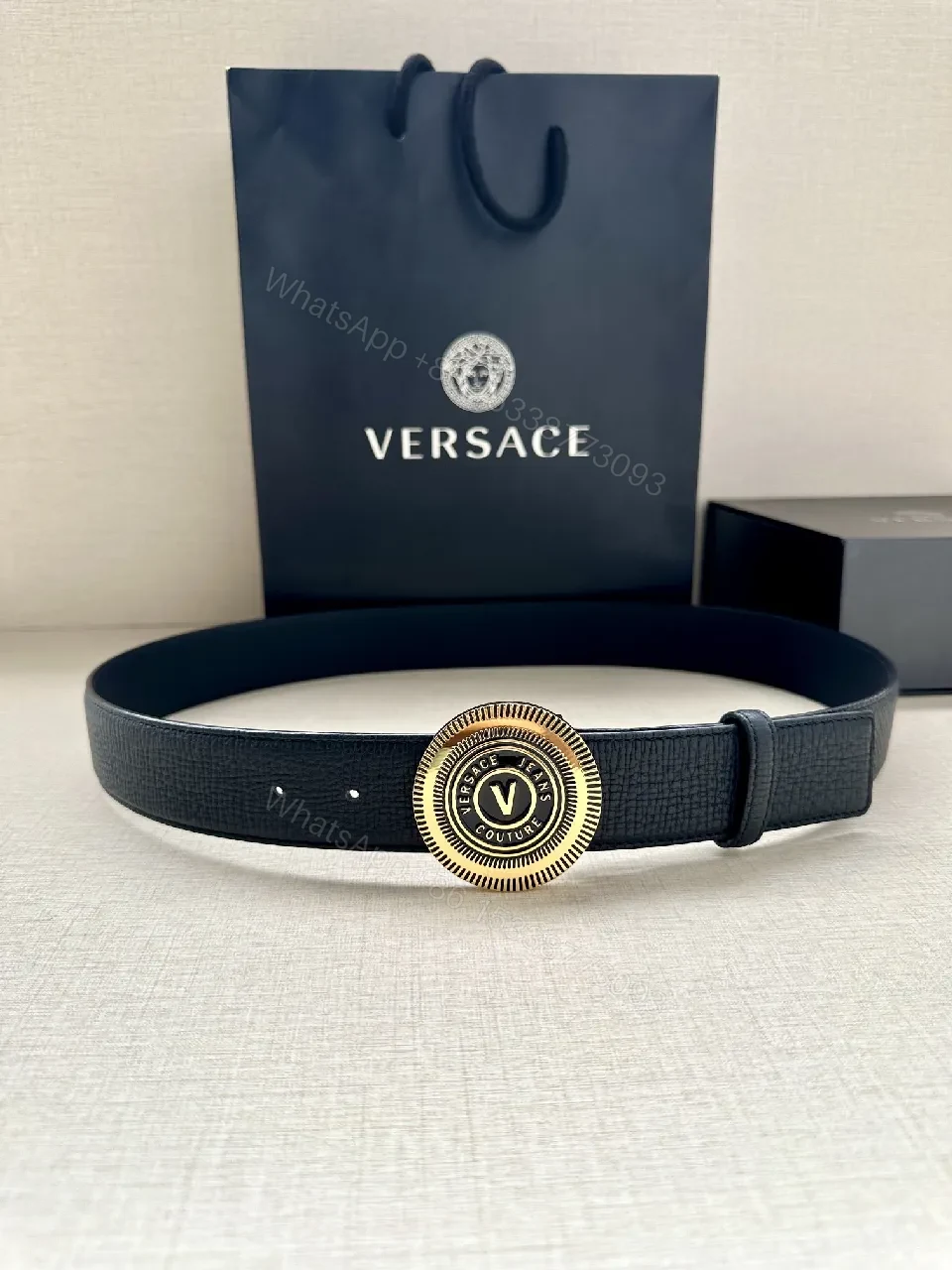 Black Leather Belt with Gold Emblem - Premium, Textured Style — view 1