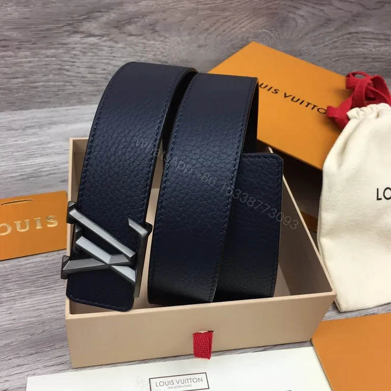 View 4 of Navy Leather Belt: LV Silver Buckle, Pebble-Grain Calfskin, Luxury Style, Premium All-Day Wear, Belt