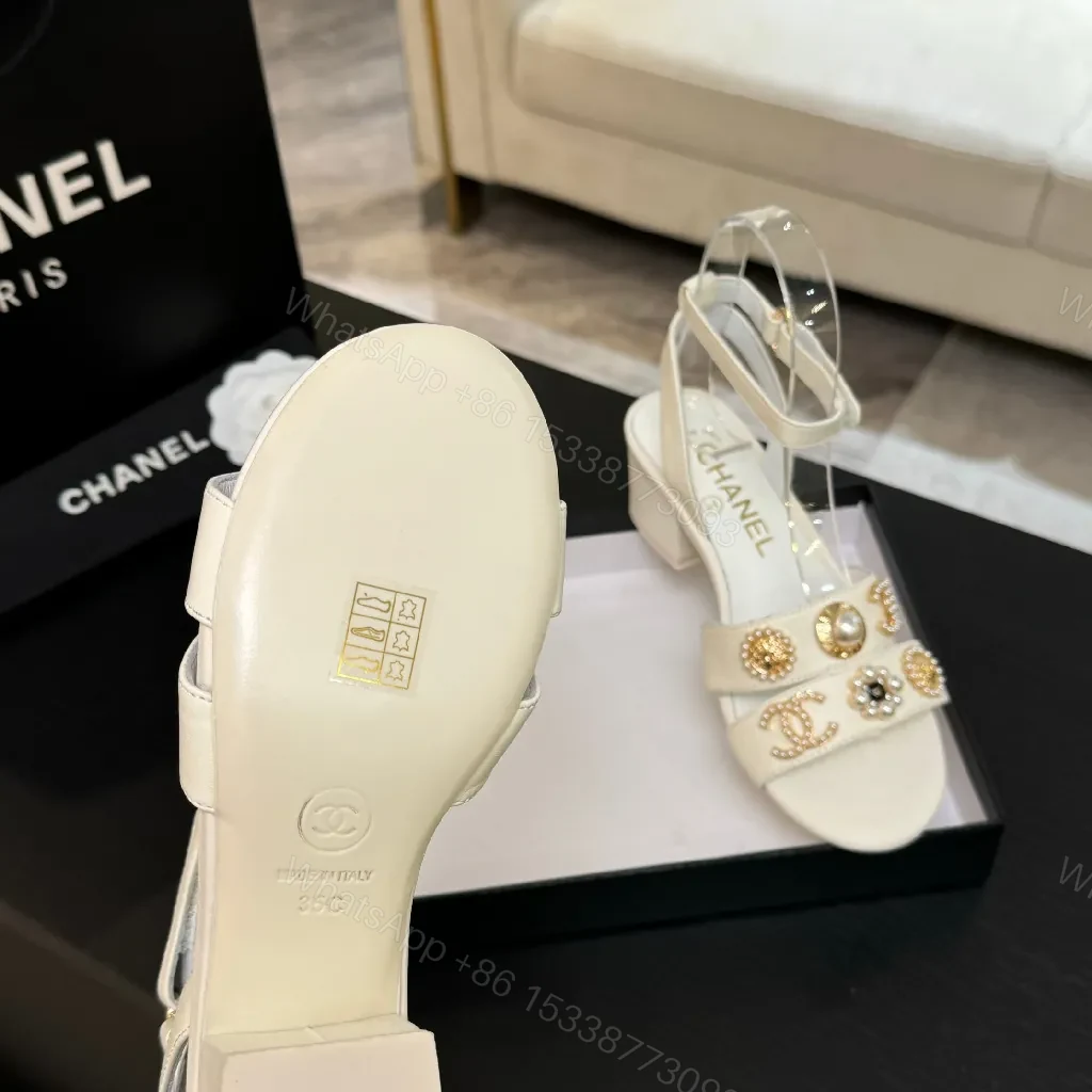 View 9 of Ivory Leather Block-Heel Sandals with Gold Embellishment