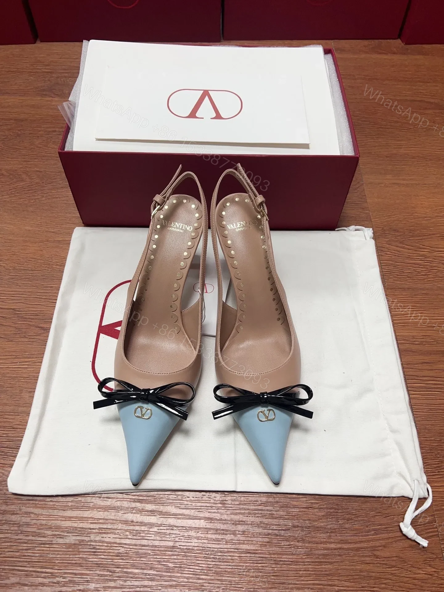 Valentino Women Nude Leather Blue Pointed Heels — view 1