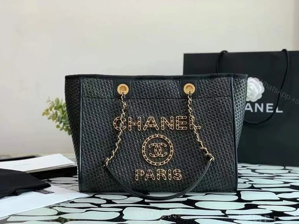 Structured Black Caviar Tote: Chain-Accent, CHANEL-Inspired Luxury Tote — view 1