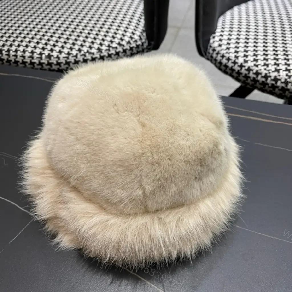 View 6 of Cream Faux Fur Pom Hat: Lux Soft Warmth, Subtle Logo Accent