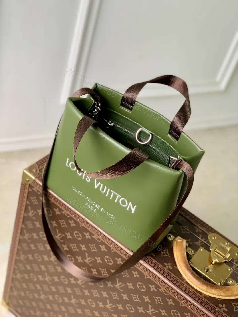 View 7 of Green Leather Tote with Bold Branding, Coordinated Straps