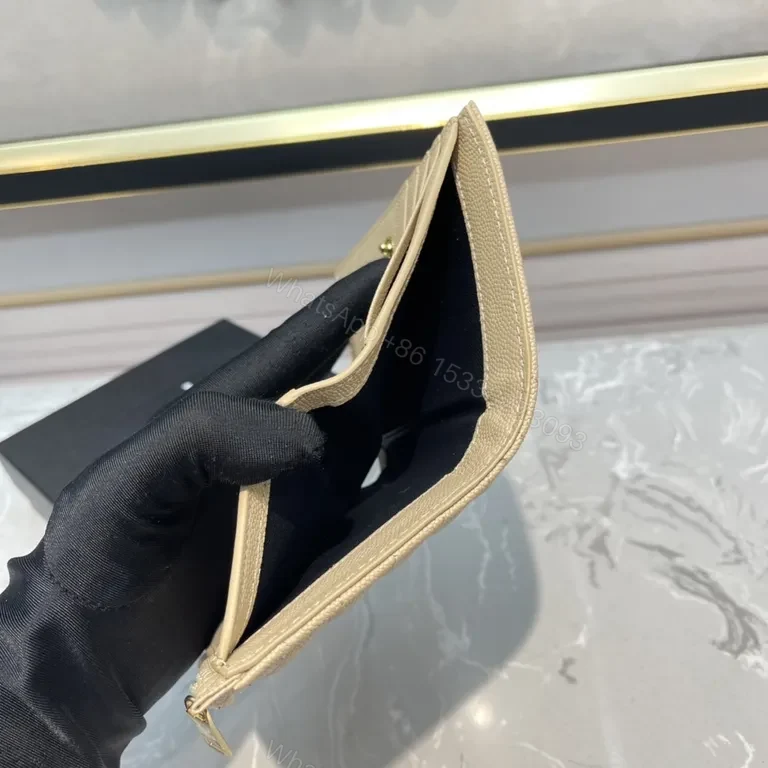 View 2 of Quilted Beige Wallet with Gold YSL Emblem - Luxury Compact Wallet
