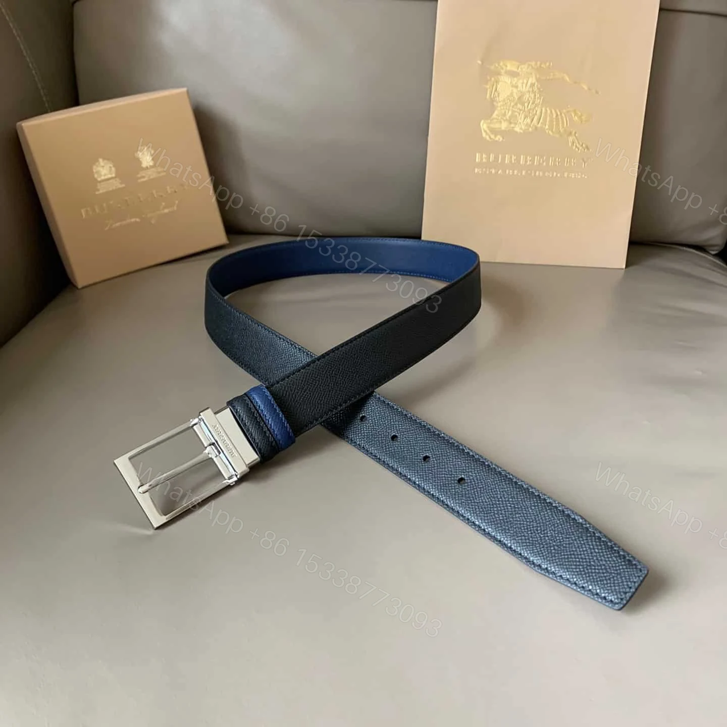 View 6 of BURBERRY REVERSIBLE LONDON CHECK AND LEATHER BELT DARK CHARCOALBLACK – B29