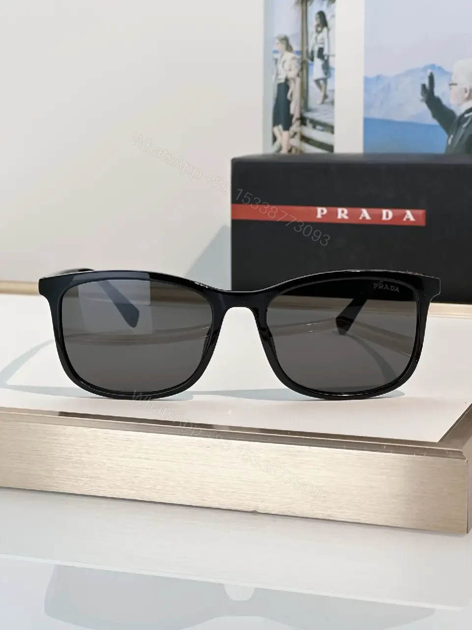 View 9 of Brown Tortoiseshell Sunglasses, Wayfarer-Inspired, Full-Frame, Mottled Pattern, Prada Logo Front