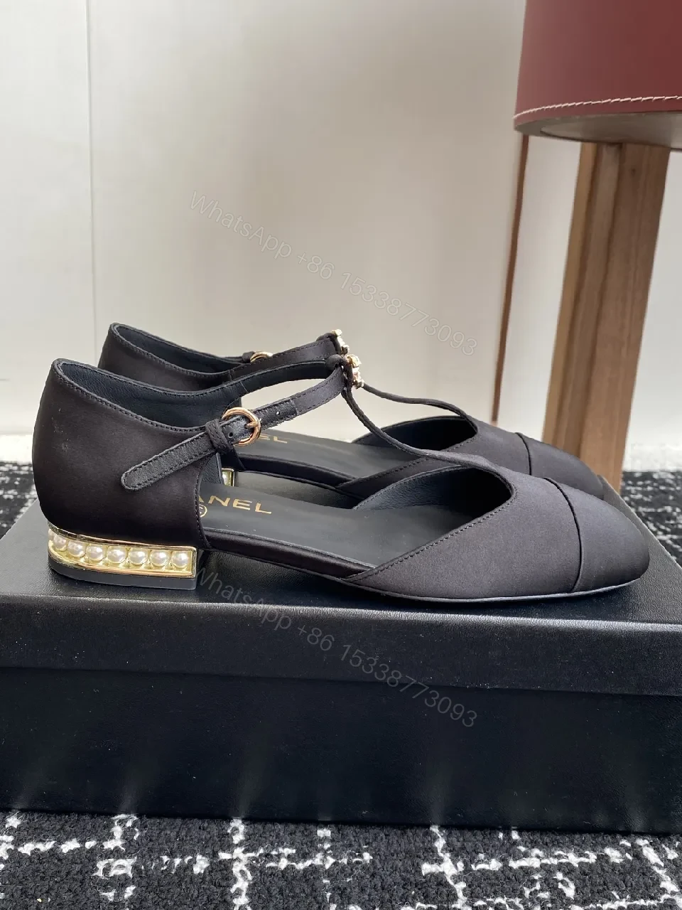 View 6 of Black Satin Mary-Jane Heels with Gold Signature Hardware