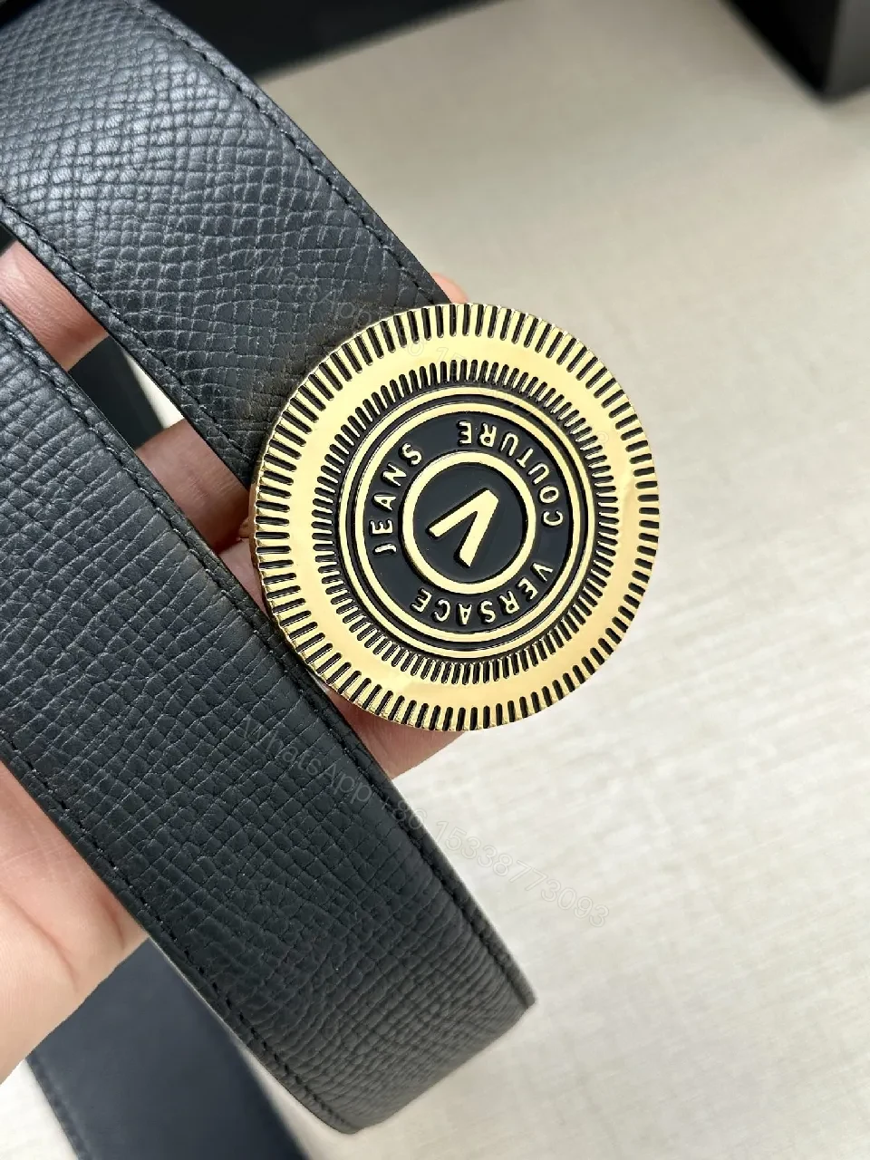 View 5 of Black Leather Belt with Gold Emblem - Premium, Textured Style