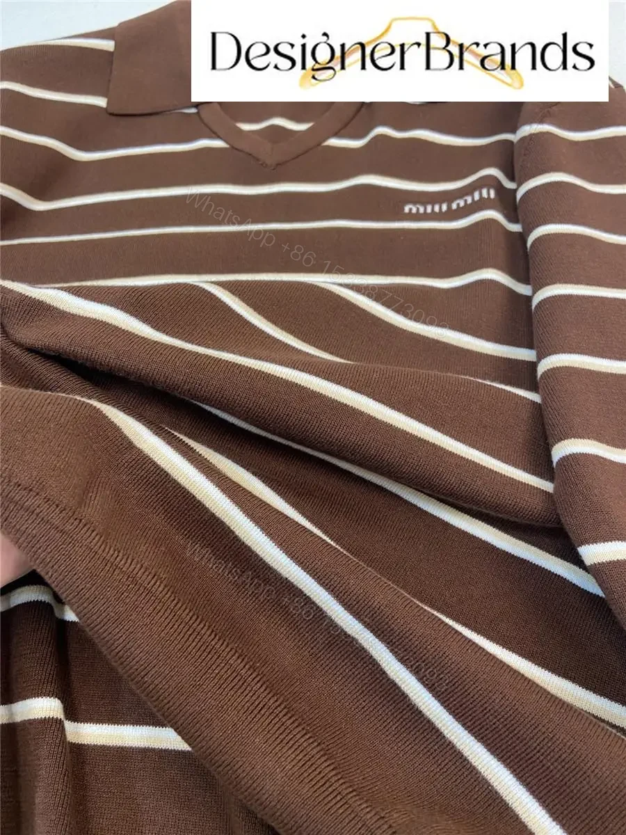 View 6 of Warm-Brown Ivory Striped Polo Knit: Lightweight, Structured Comfort