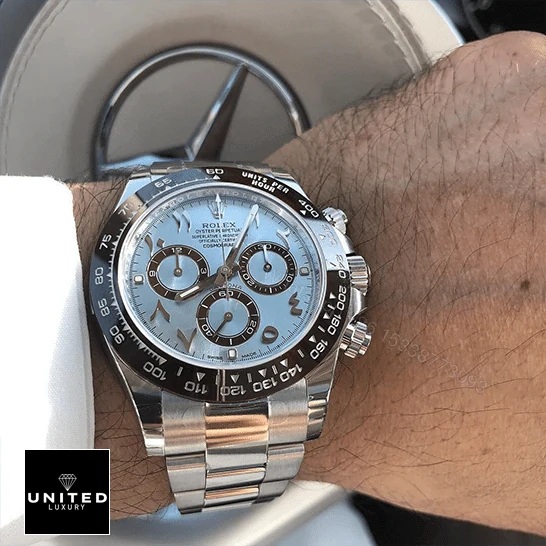 View 6 of Rolex Daytona Platinum Ice-Blue Arabic Dial 116506-0001 Oyster Replica