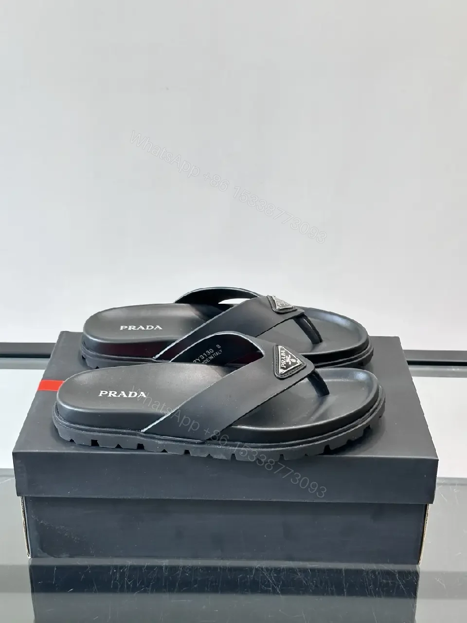 View 3 of Black Leather Prada Flip-Flops Chunky Sole Slide