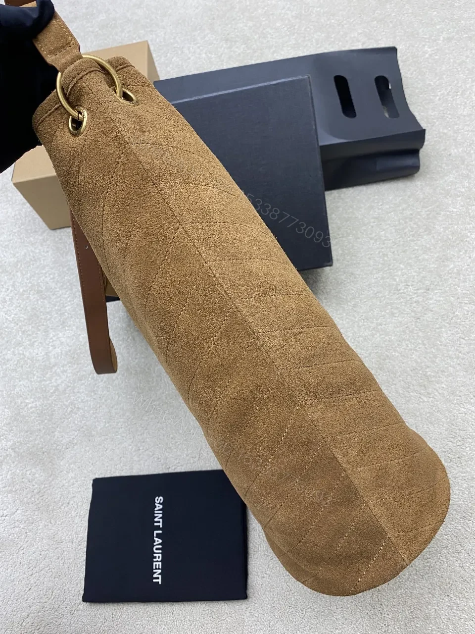 View 8 of Soft Suede Hobo Bag with Adjustable Strap, Tan Caramel, Luxury Style, YSL-inspired Gold Hardware, Bag