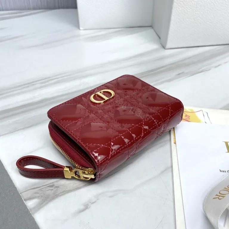 View 3 of Red Patent Quilted Wallet with Gold Emblem - Compact Glamour Wallet