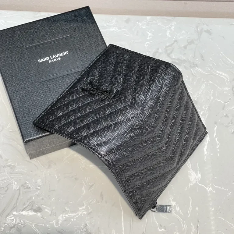 View 3 of Chevron-Textured Black Wallet: YSL-Inspired Petite Organizer