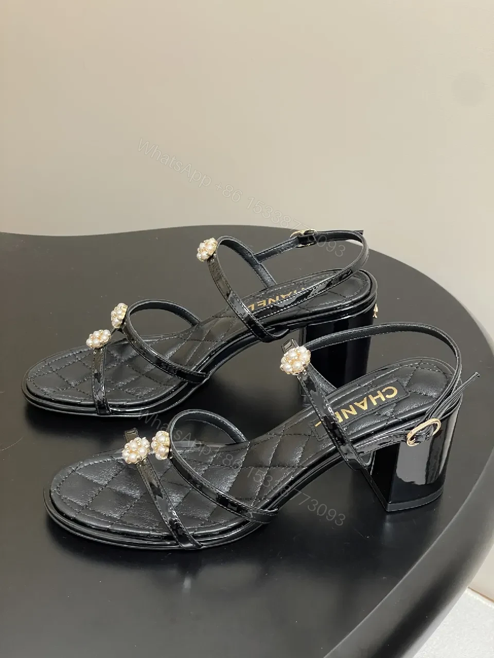View 6 of Pearl-Embellished Quilted Strappy Sandals - Modern Glam Comfort