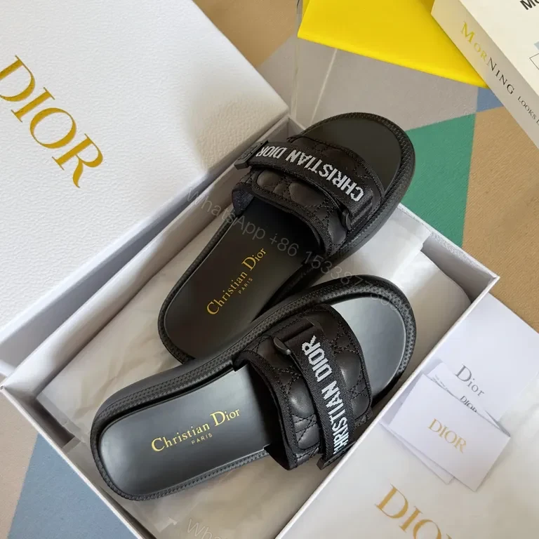 View 6 of Black Imitation Dior Slide - Quilted Straps, Comfortable Key Feature Slides