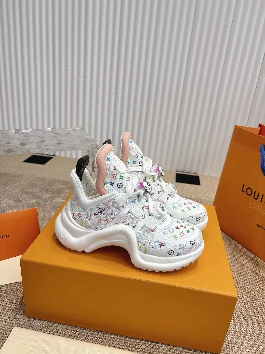 View 6 of LV Women White Leather Multicolor Logo Sneakers