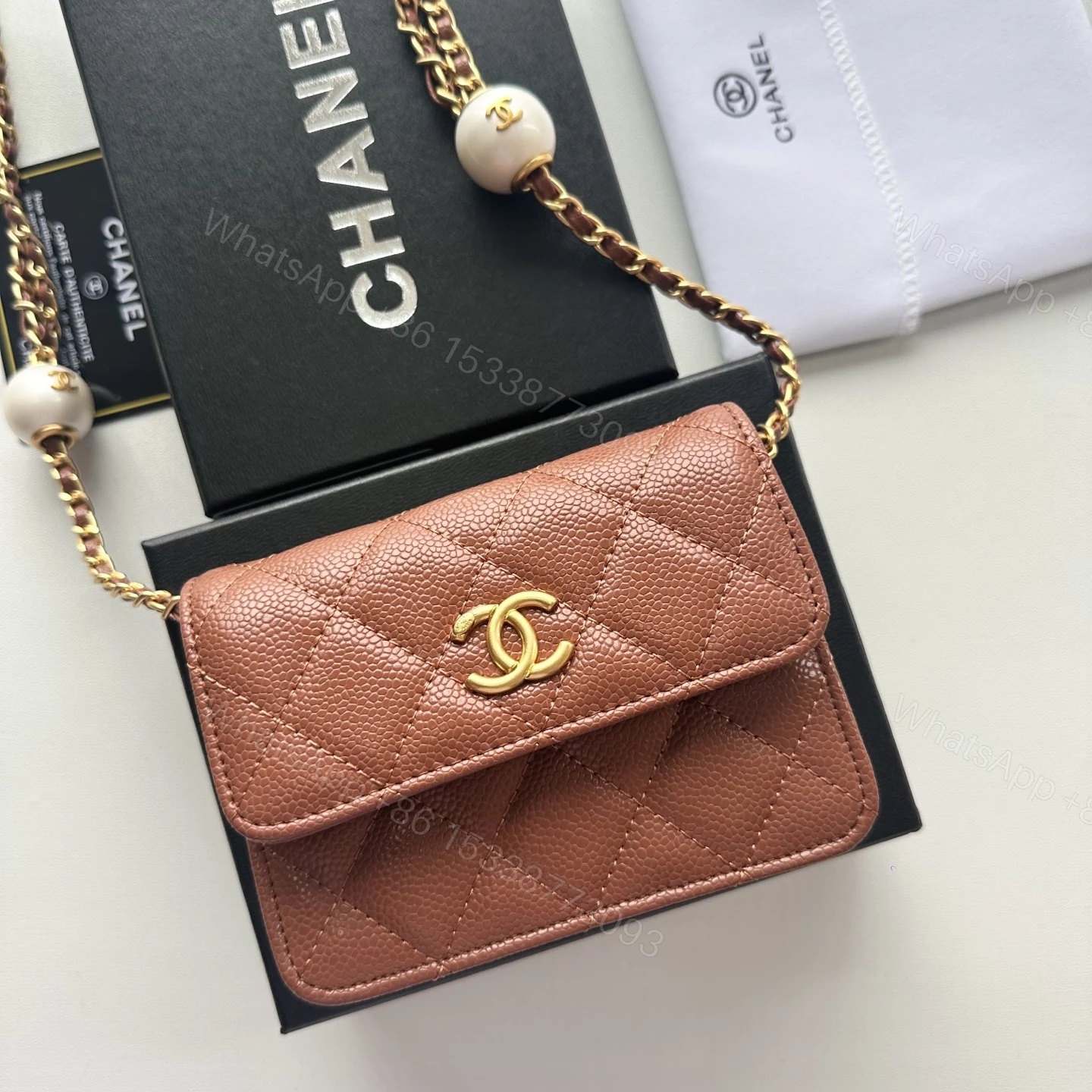 Chanel 高仿棕色口蓋包 荔枝紋皮革鏈條小香風 — view 1