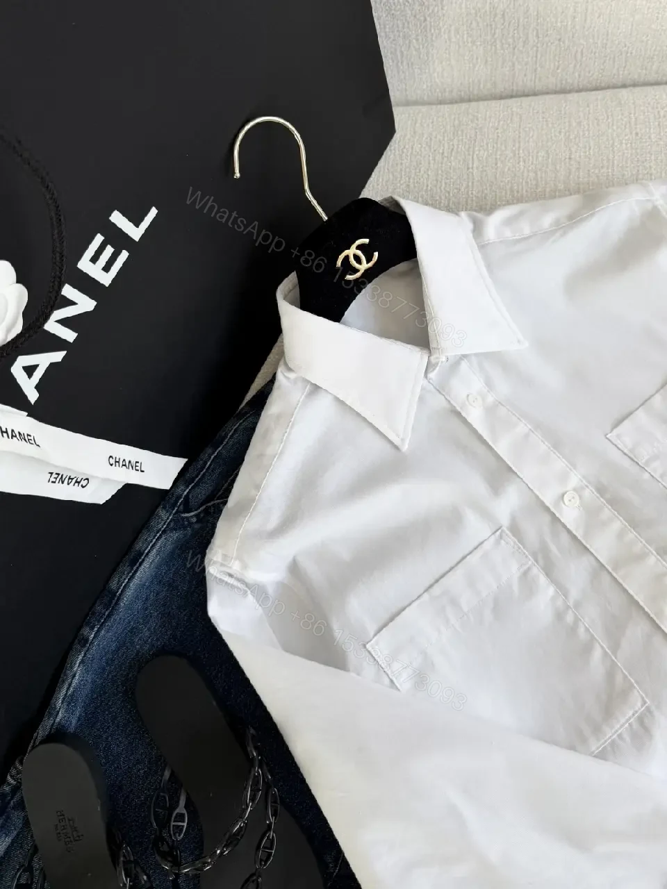 View 7 of White Cotton Shirt Cropped Style with Red Embroidered Chanel Lettering Shirt