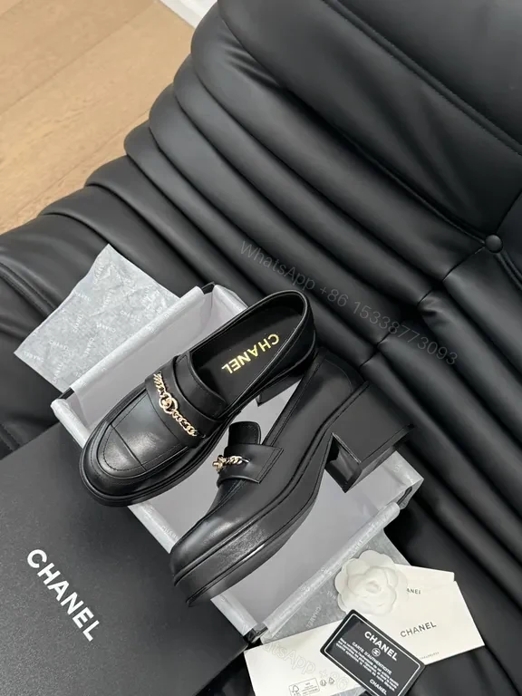 View 8 of Chanel-Inspired Leather Loafers with Gold Chain Detail