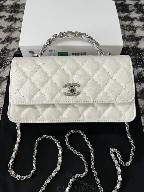 Chanel-Inspired Quilted White Flap Crossbody Bag with Silver Chain — view 1