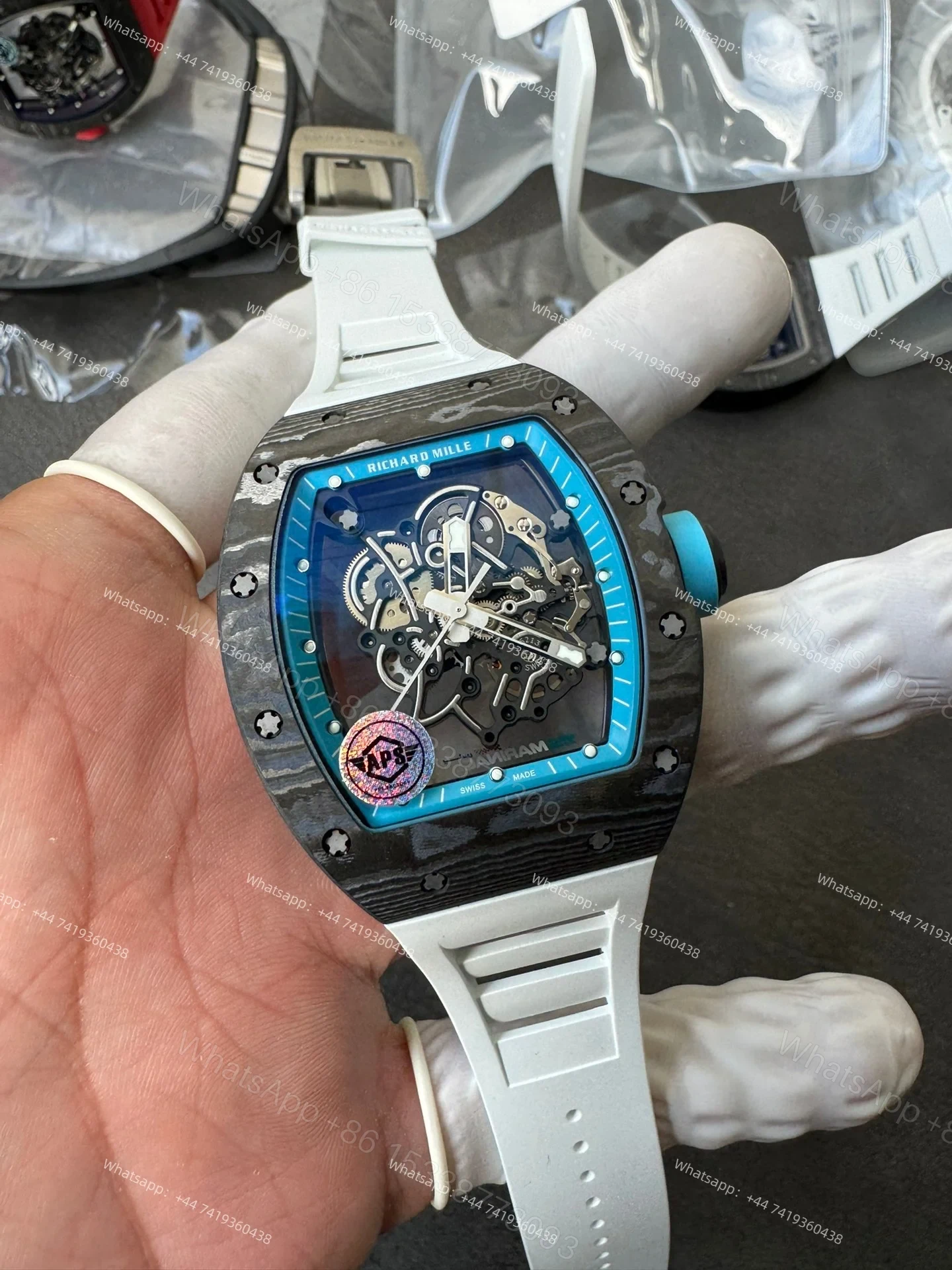 View 5 of Super Clone Richard Mille RM 055 Carbon TPT Blue Inner Bezel White Rubber Strap 1:1 Replica Watch