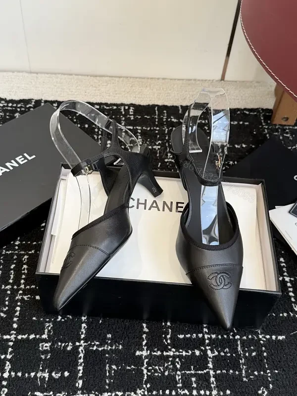 Black Leather Sandal Heels with Chanel Logo, Slingback Style — view 1