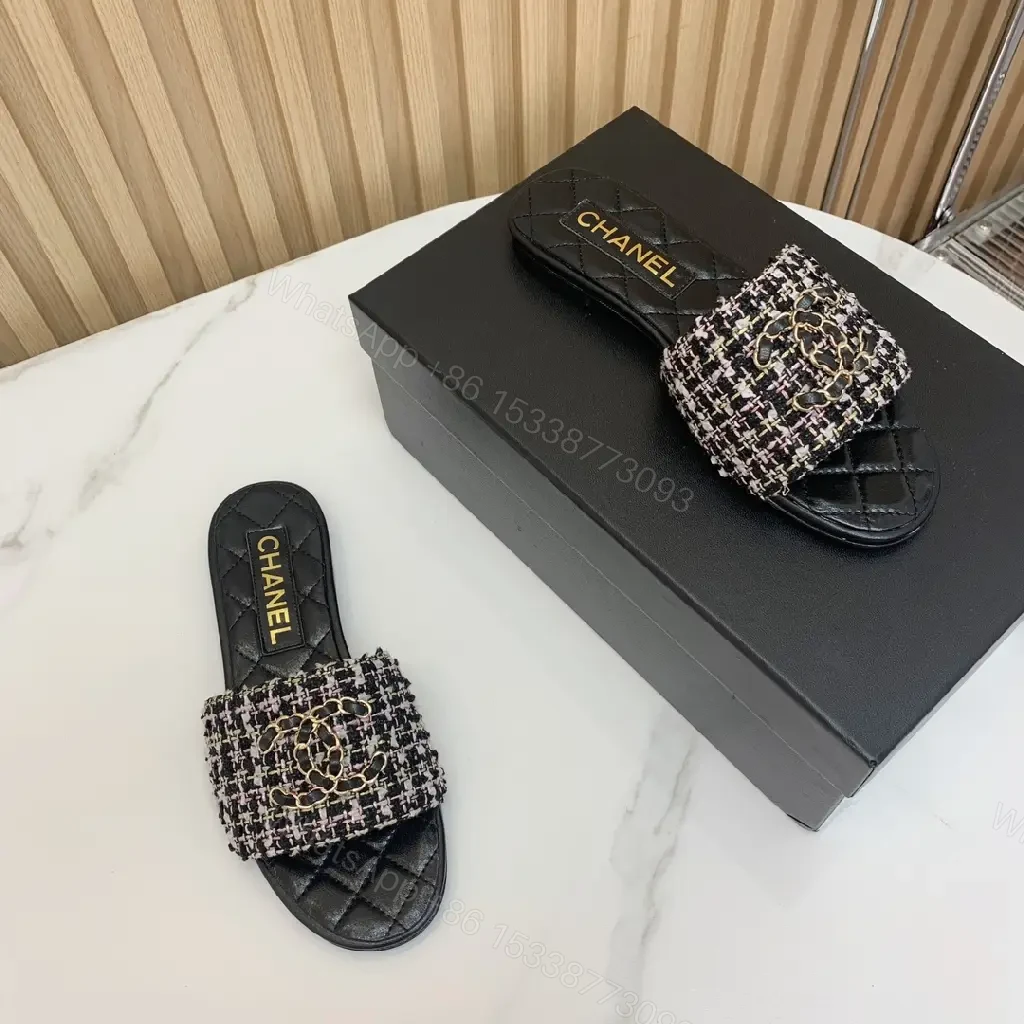 View 6 of Black Tweed Chain Slides Quilted Leather Modern Chanel Logo Sandals