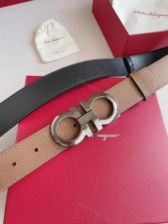 View 2 of Taupe Pebbled Leather Belt with Gancini Buckle - Ferragamo Style