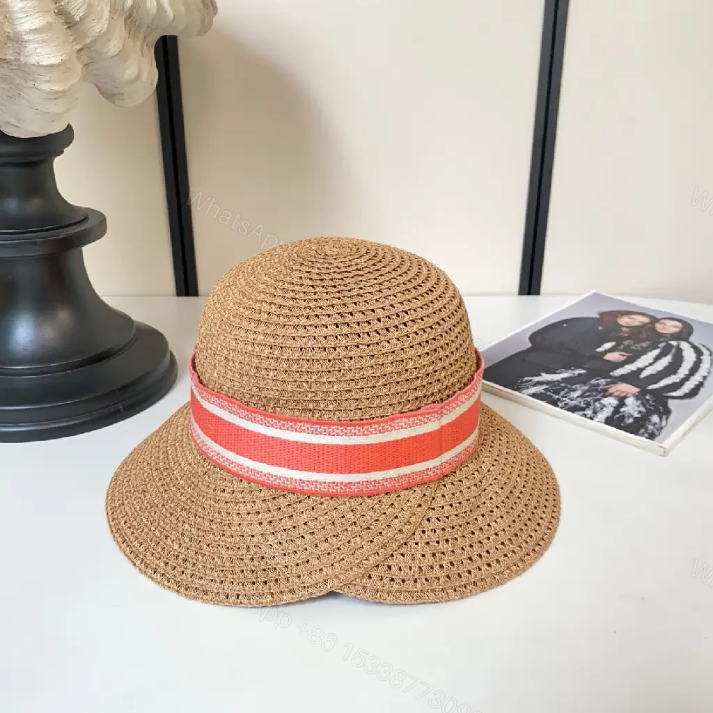 View 3 of Light Brown Straw Hat Wide Brim Red Dior Band Hat