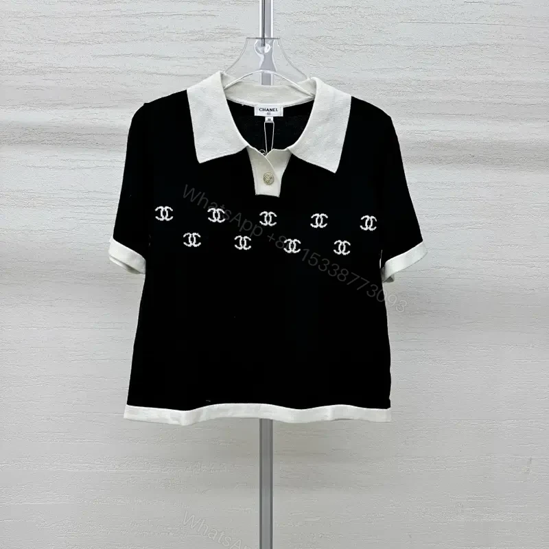 Chic Polo Knit: Black White Logo Detail, Premium Style — view 1