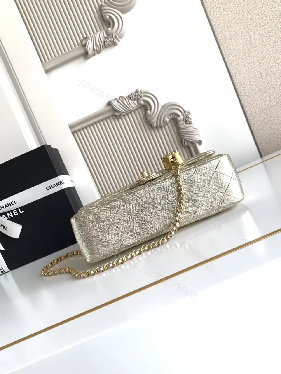 View 3 of Quilted Lambskin Flap Bag with Gold Chain—Elegant Chic