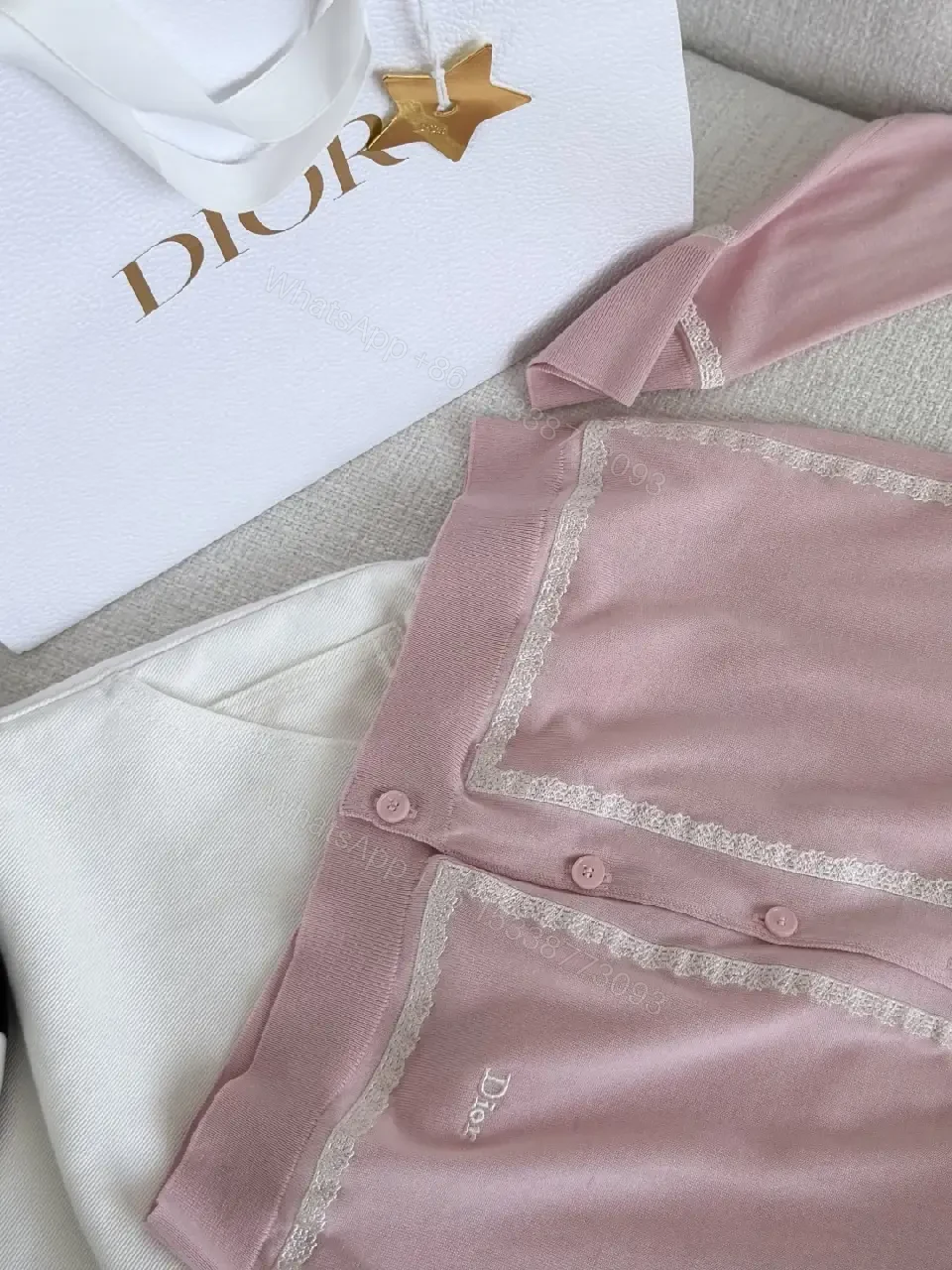 View 5 of Soft Pink Lace Trim Cardigan Knit with Embossed Eyelets (Dior-inspired)