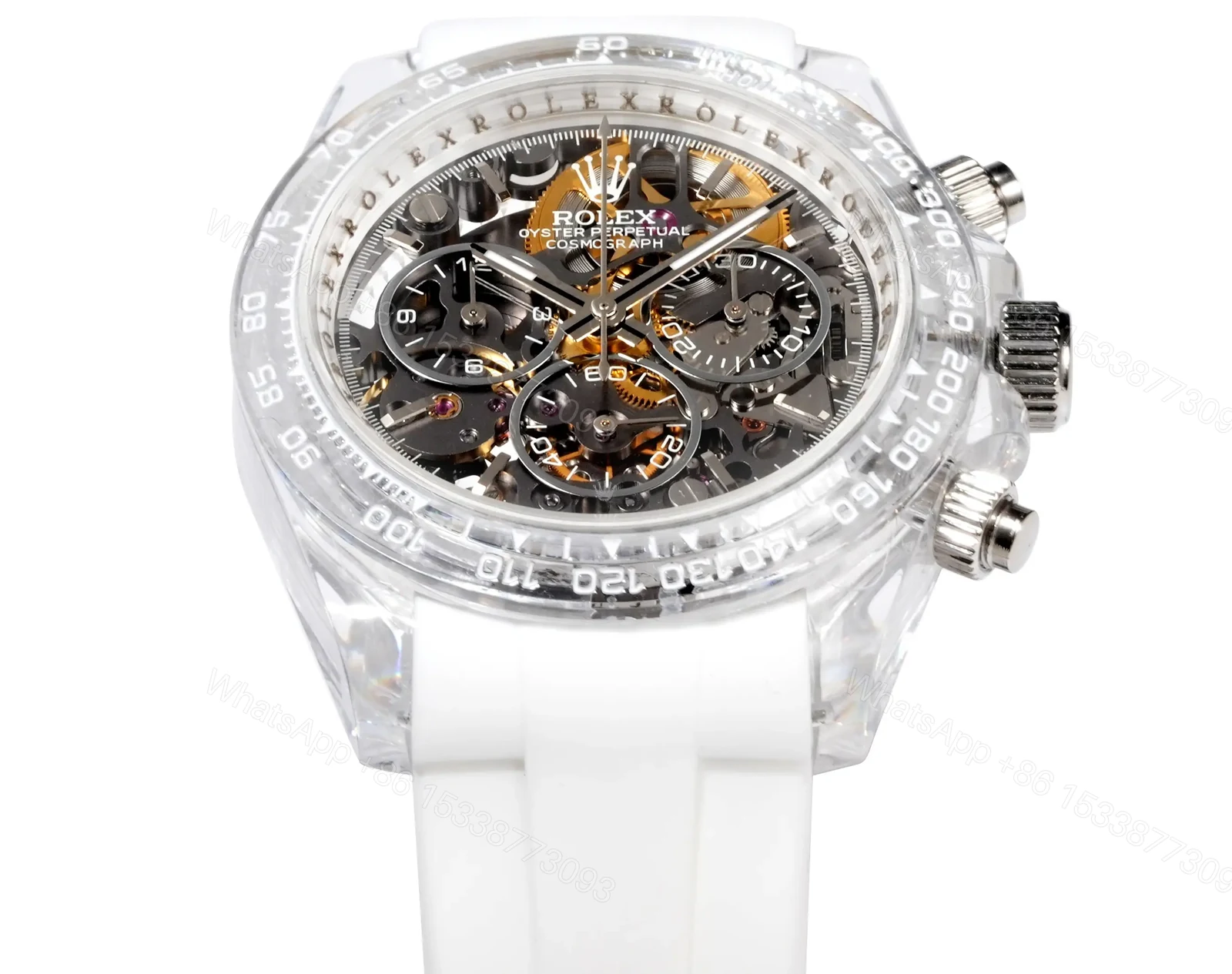 View 4 of Rolex Daytona Skeleton White Sapphire replica 40MM White Rubber Strap Edition RG-DAYTONA-SKELETON-WHITE-SAPPHIRE-RUBBER-40