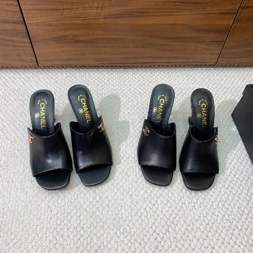 View 7 of Chic Black Leather Slide Heels – Luxe Comfort, Gold Hardware