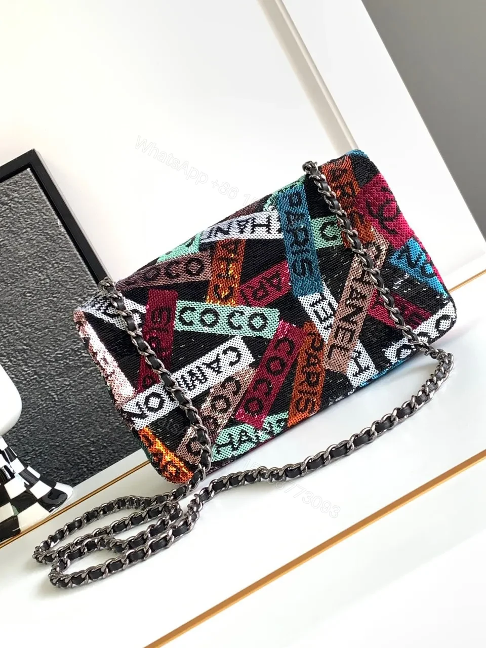 View 7 of Chanel Mini Pastel Rainbow Sequin Like Auth Handbag 20x14x7cm