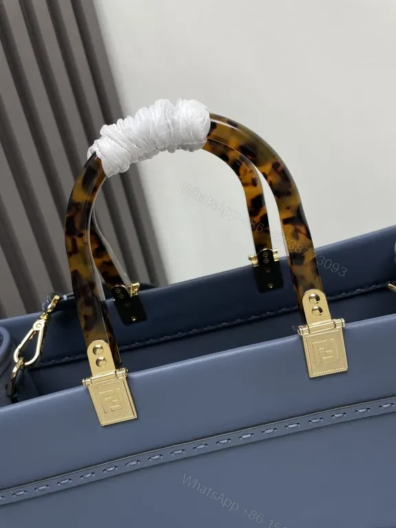 View 5 of Blue Fendi Structured Tote: Bold Logo, Tortoise Handles, Gold Hardware